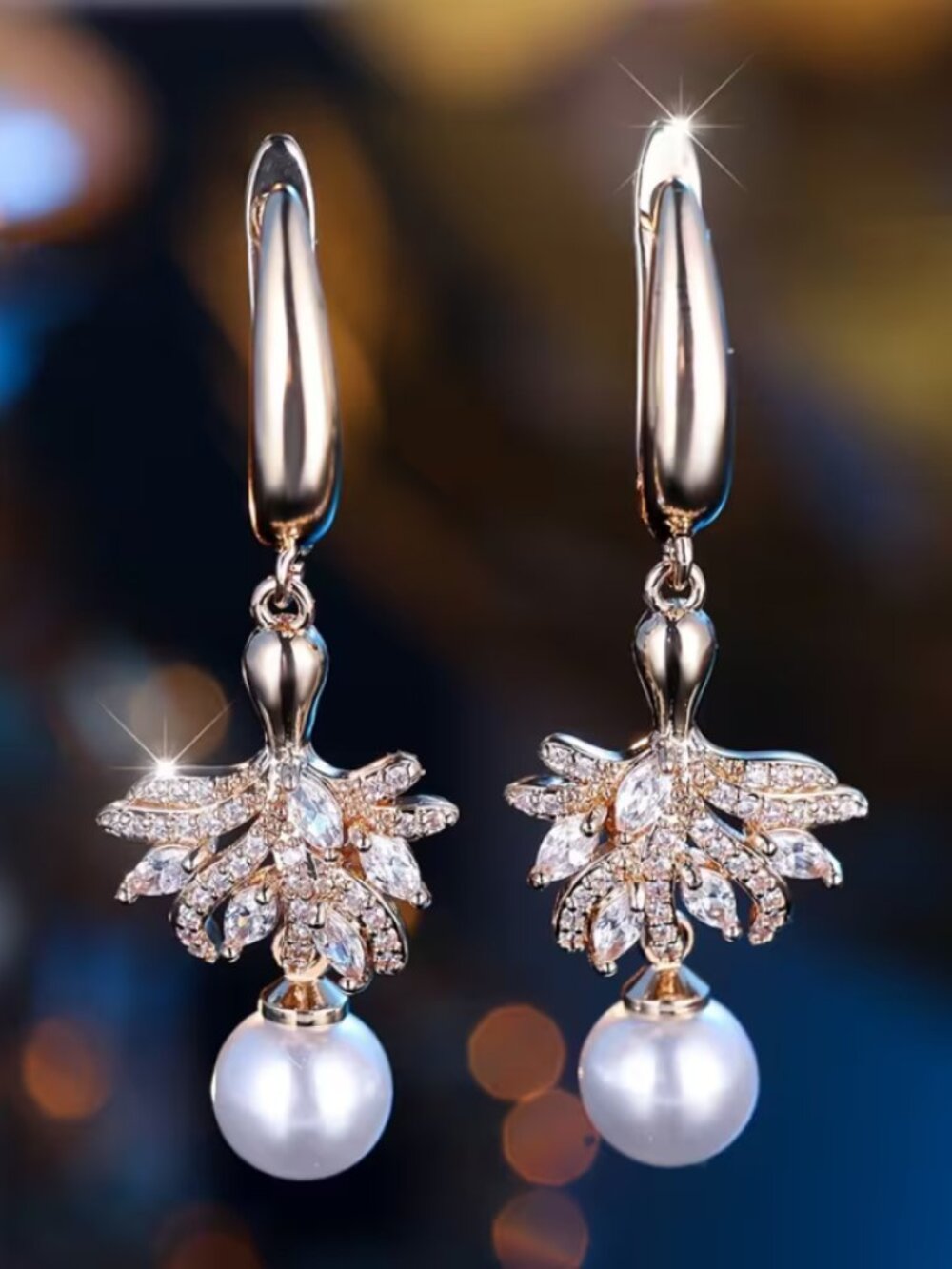 18K Gold Womens 2ct Diamond Hanging Drop Pearl Earrings NEW 18 K Silver Jewelry